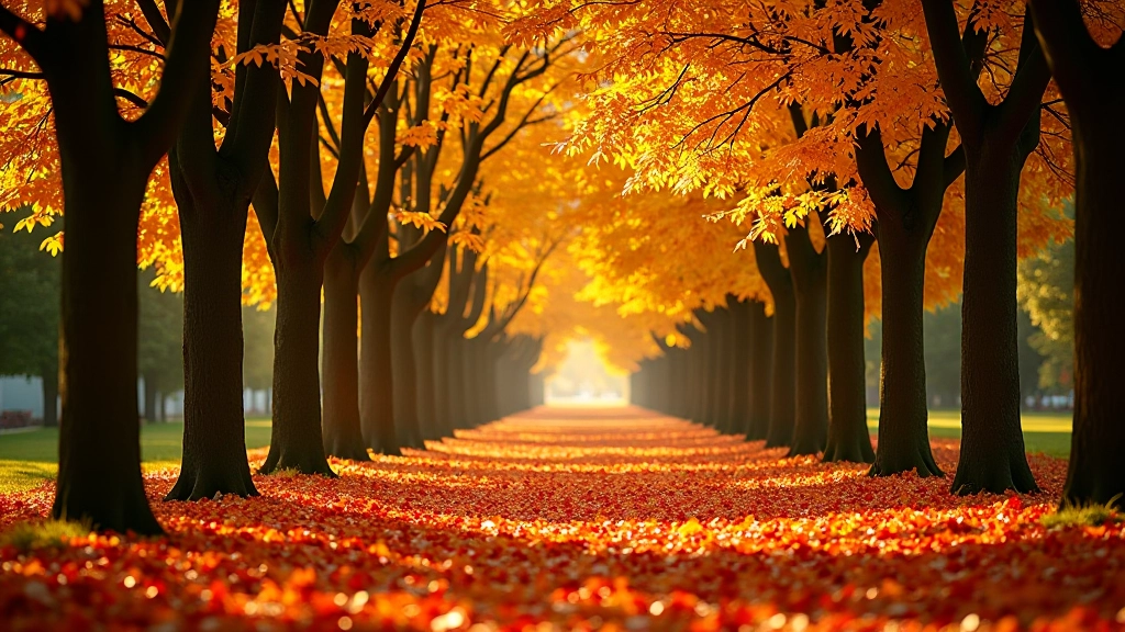 Rudens spalvos liepų lapai raudoni ir geltoni, alėjos grindyje, senovinis parkas