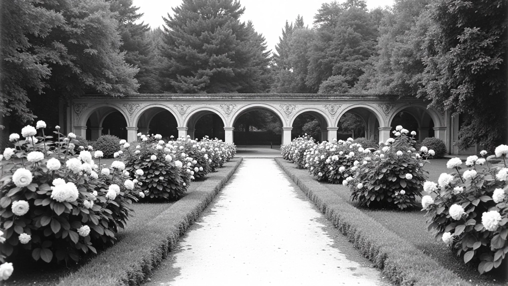 Senovinio Pakruojo dvaro archyvinis nuotrauka su rožynų alėja 1930-ais metais