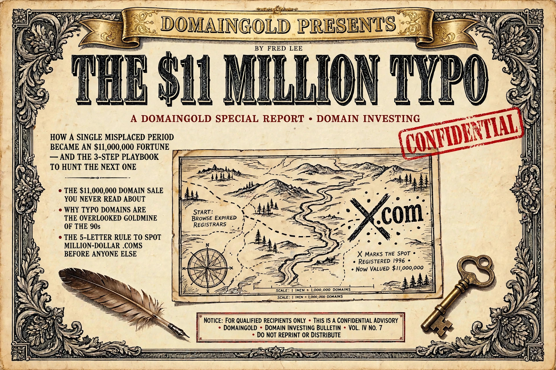 Vintage special-report masthead: The $11 Million Typo, with a treasure map marking X on .com, stamped Confidential